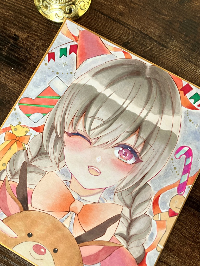 正面サンタちゃん 手描き色紙一点物 コピック色紙 アナログ色紙