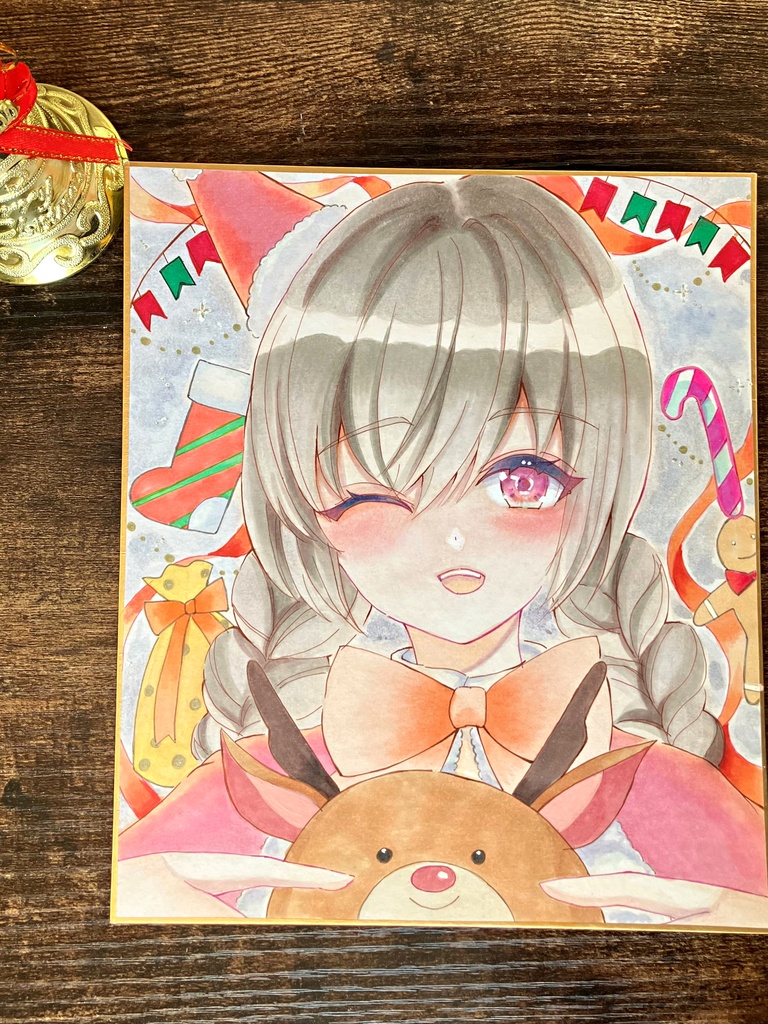 正面サンタちゃん 手描き色紙一点物 コピック色紙 アナログ色紙