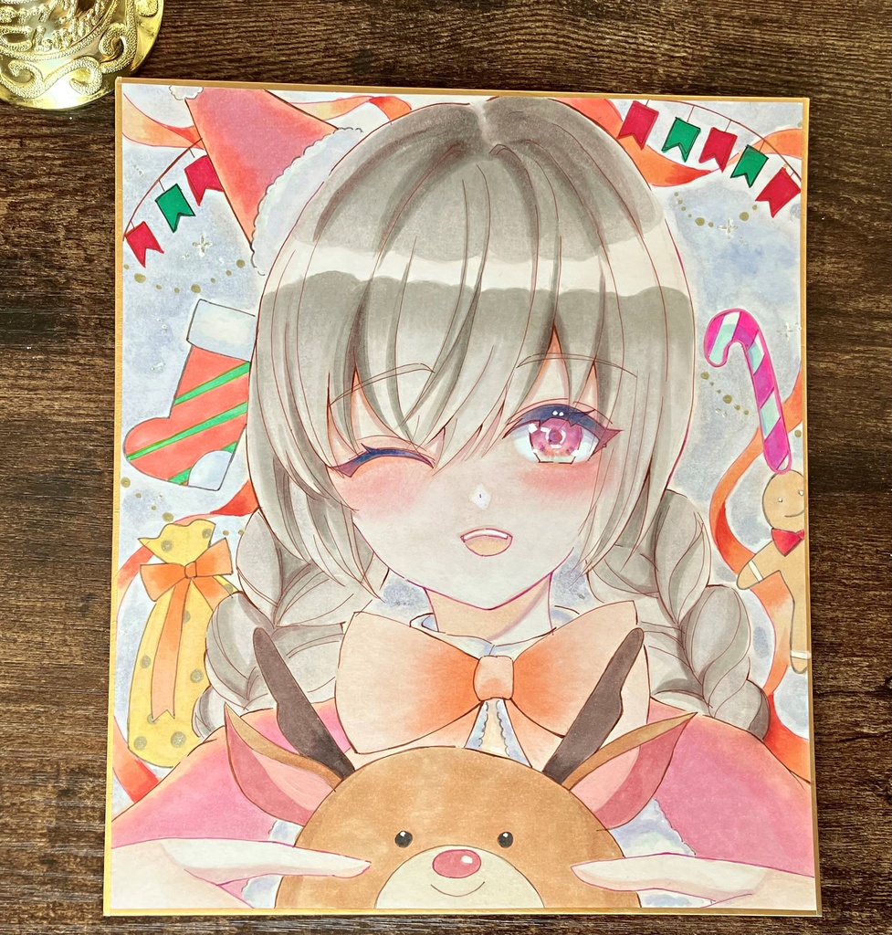 正面サンタちゃん 手描き色紙一点物 コピック色紙 アナログ色紙
