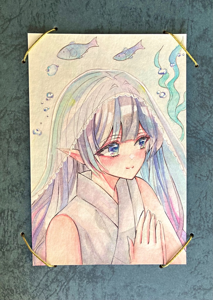 透明水彩原画　八百比丘尼さん　手描き原画限定　はがきサイズ