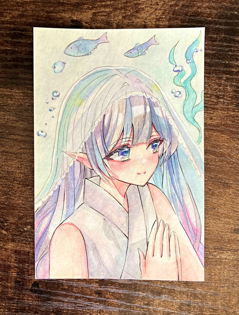 透明水彩原画 八百比丘尼さん 手描き原画限定 はがきサイズ