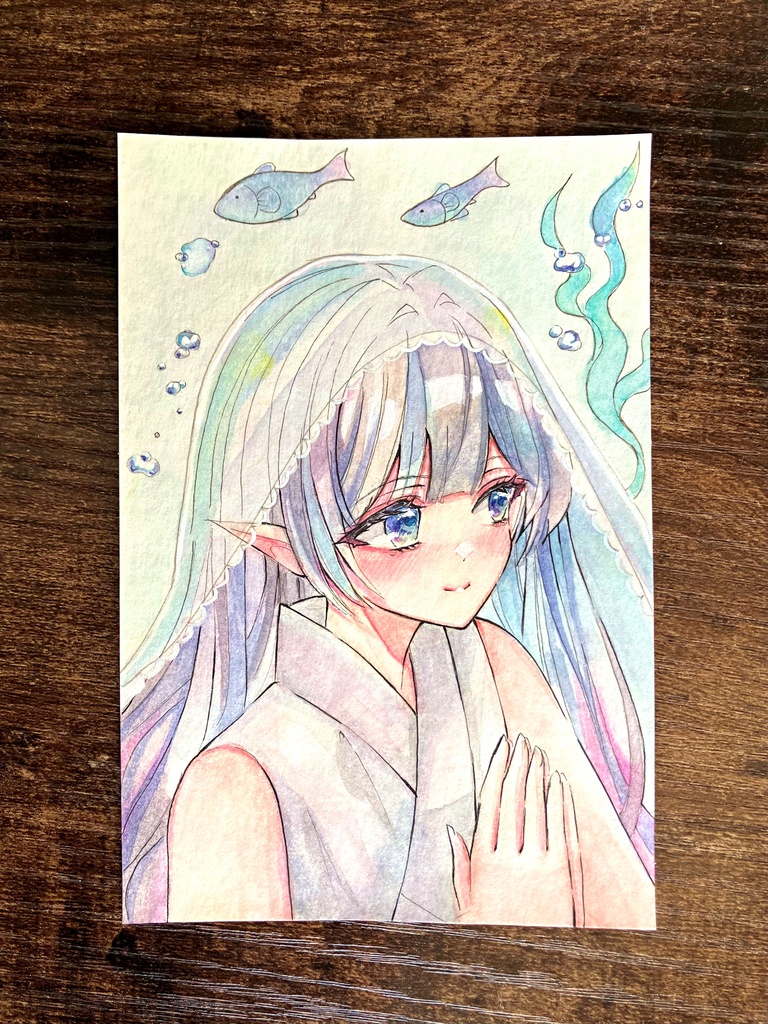 透明水彩原画 八百比丘尼さん 手描き原画限定 はがきサイズ