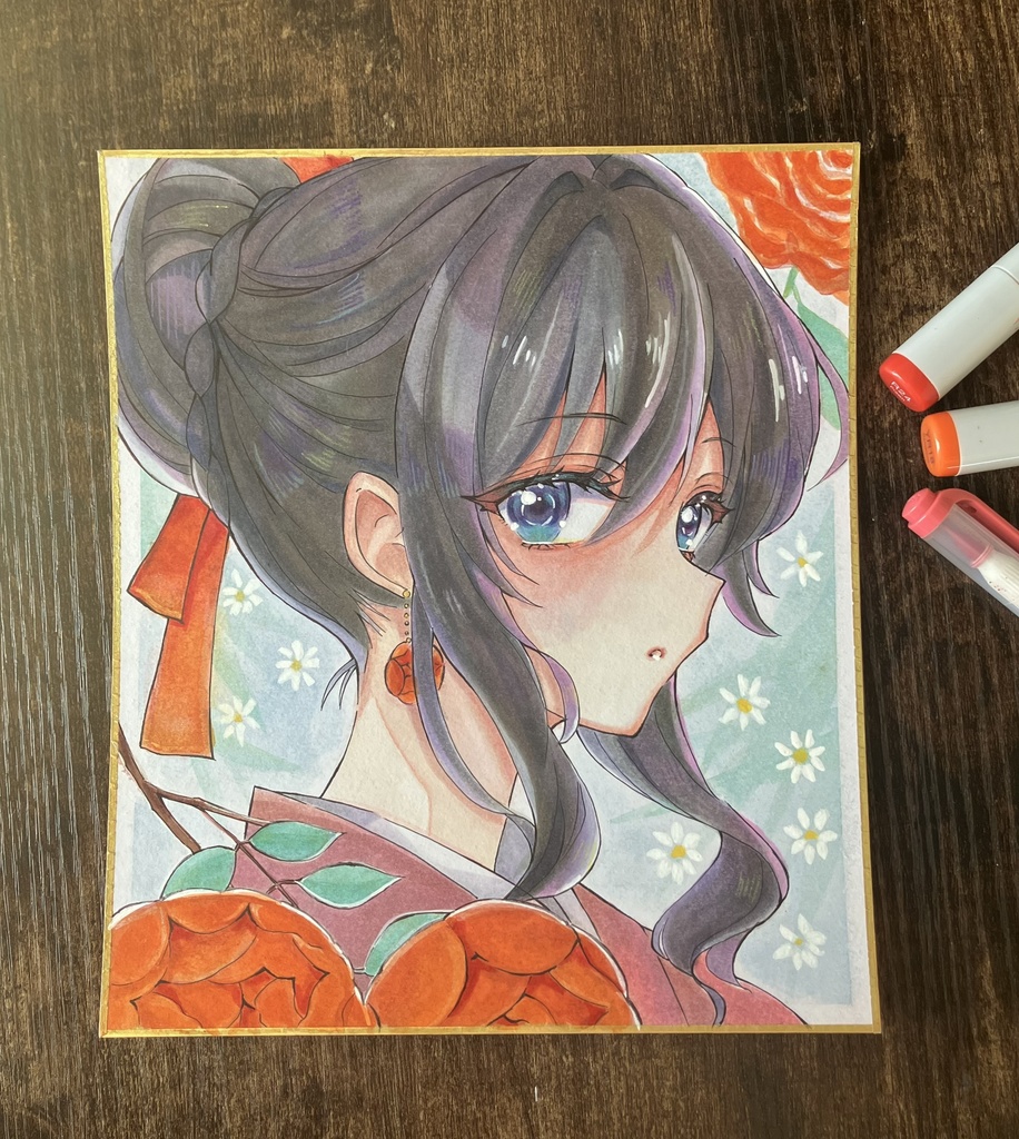 手描き色紙 コピック色紙 コピック原画 アナログ原画 ローズちゃん横顔