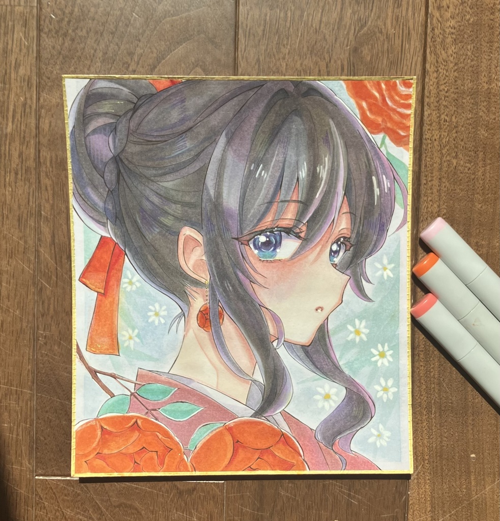 手描き色紙 コピック色紙 コピック原画 アナログ原画 ローズちゃん横顔
