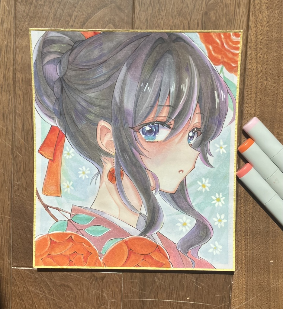手描き色紙 コピック色紙 コピック原画 アナログ原画 ローズちゃん横顔