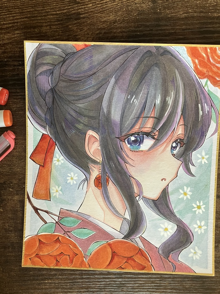 手描き色紙 コピック色紙 コピック原画 アナログ原画 ローズちゃん横顔