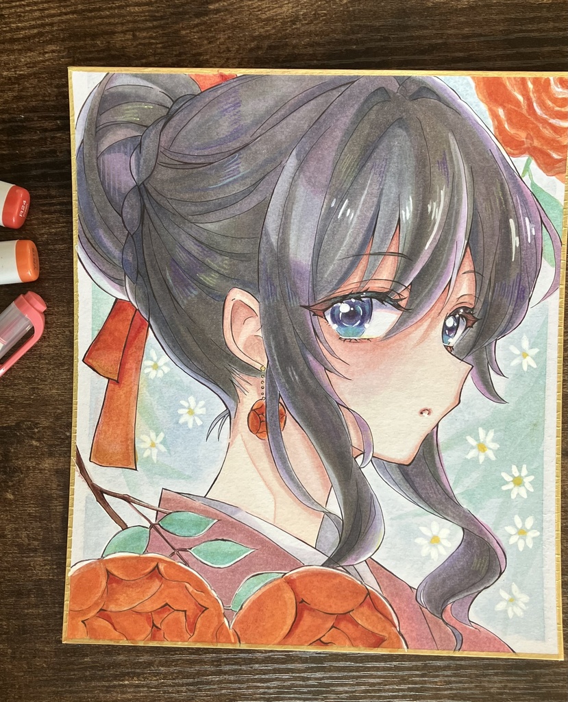 手描き色紙 コピック色紙 コピック原画 アナログ原画 ローズちゃん横顔