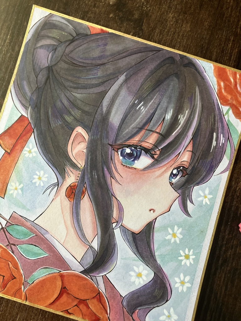 手描き色紙 コピック色紙 コピック原画 アナログ原画 ローズちゃん横顔