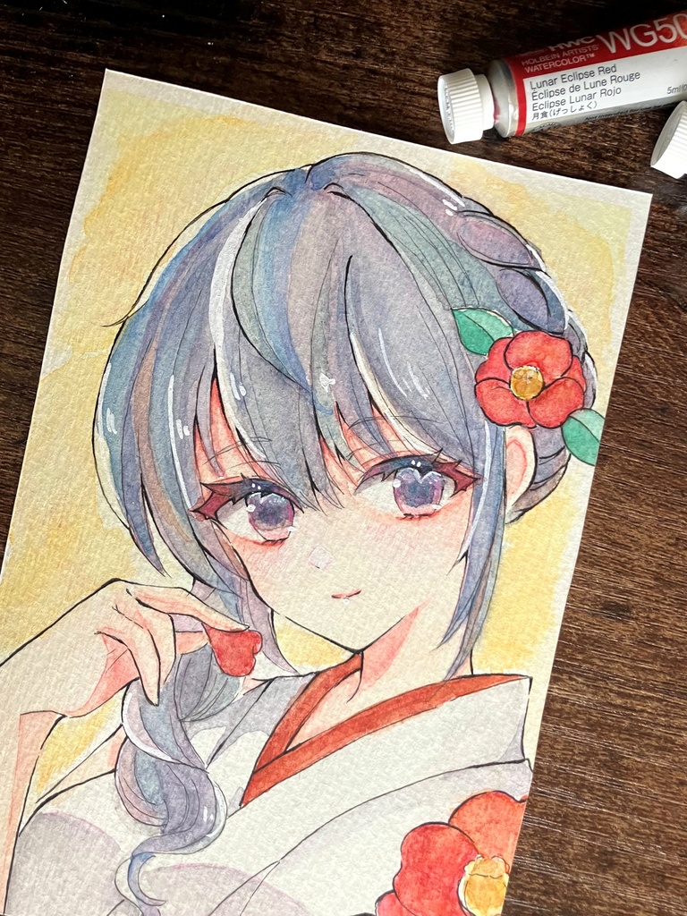 透明水彩原画 はがきサイズ原画販売 透明水彩イラスト 椿ちゃん