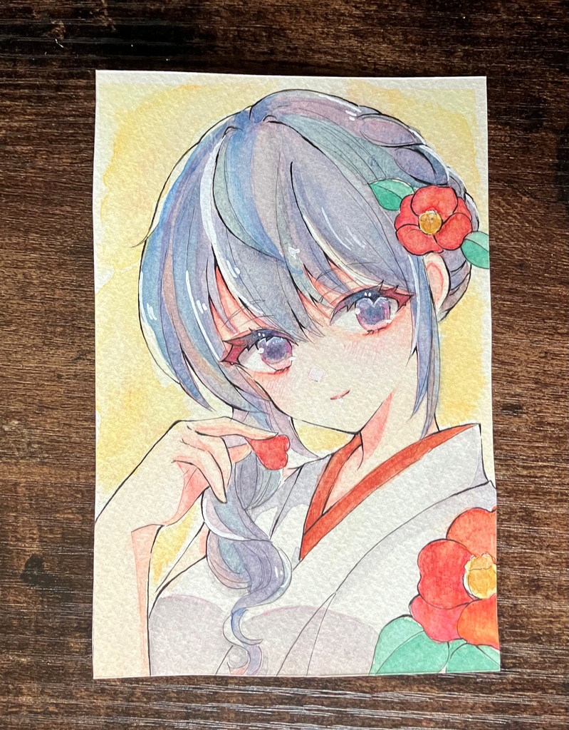 透明水彩原画 はがきサイズ原画販売 透明水彩イラスト 椿ちゃん