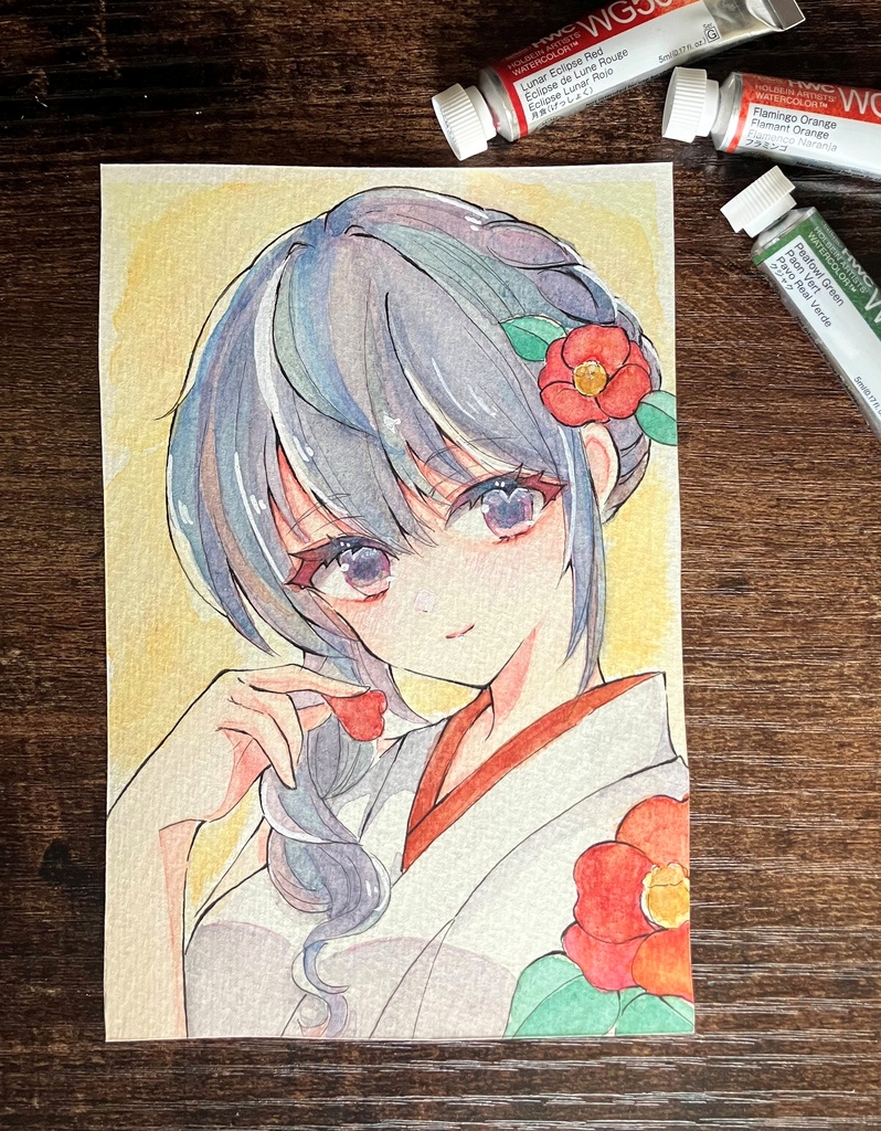 透明水彩原画 はがきサイズ原画販売 透明水彩イラスト 椿ちゃん