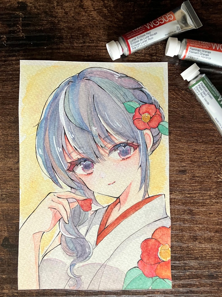 透明水彩原画 はがきサイズ原画販売 透明水彩イラスト 椿ちゃん