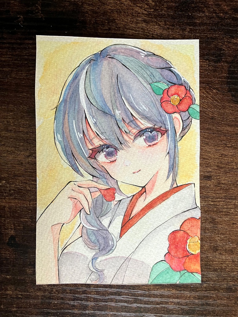 透明水彩原画 はがきサイズ原画販売 透明水彩イラスト 椿ちゃん