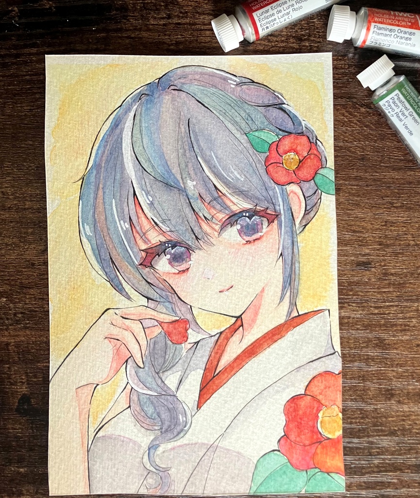 透明水彩原画　はがきサイズ原画販売　透明水彩イラスト　椿ちゃん