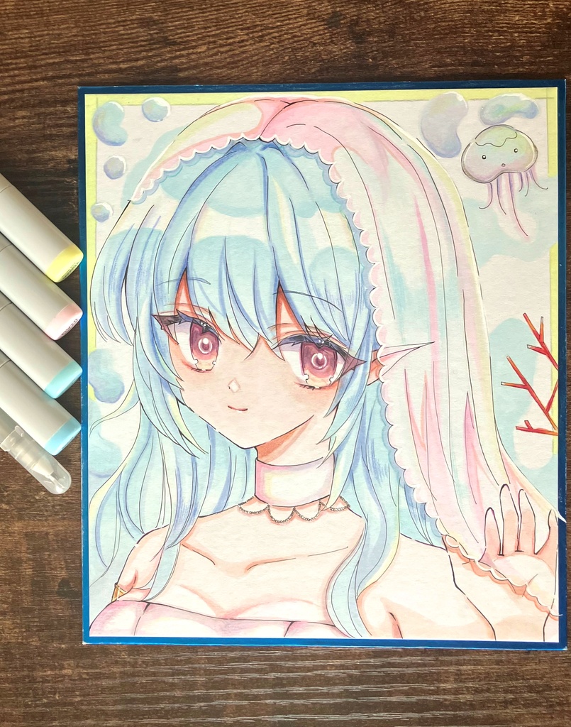 手描き色紙一点物 アナログ色紙 手描き コピック色紙 くらげと八百比丘尼さん
