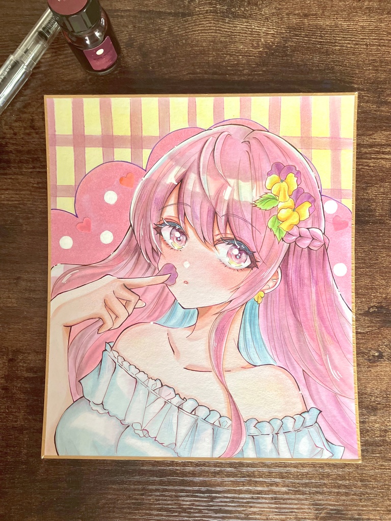 手描き色紙一点物アナログ色紙 春のビオラちゃん