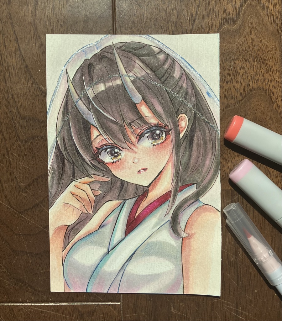 コピック原画 はがきサイズ原画販売 コピックイラスト 鬼の巫女さん