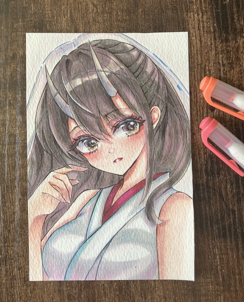 コピック原画 はがきサイズ原画販売 コピックイラスト 鬼の巫女さん