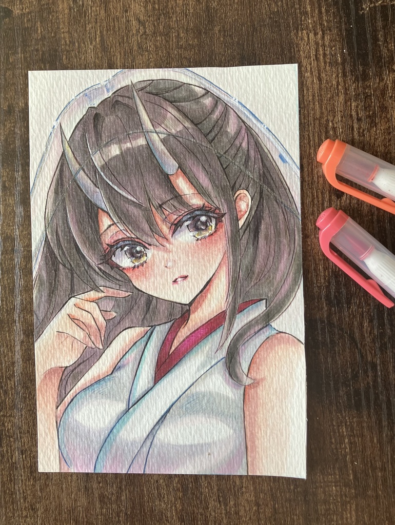 コピック原画 はがきサイズ原画販売 コピックイラスト 鬼の巫女さん