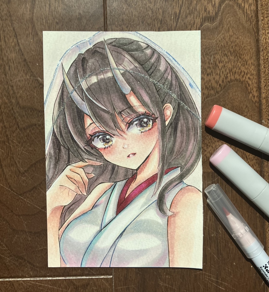 コピック原画 はがきサイズ原画販売 コピックイラスト 鬼の巫女さん