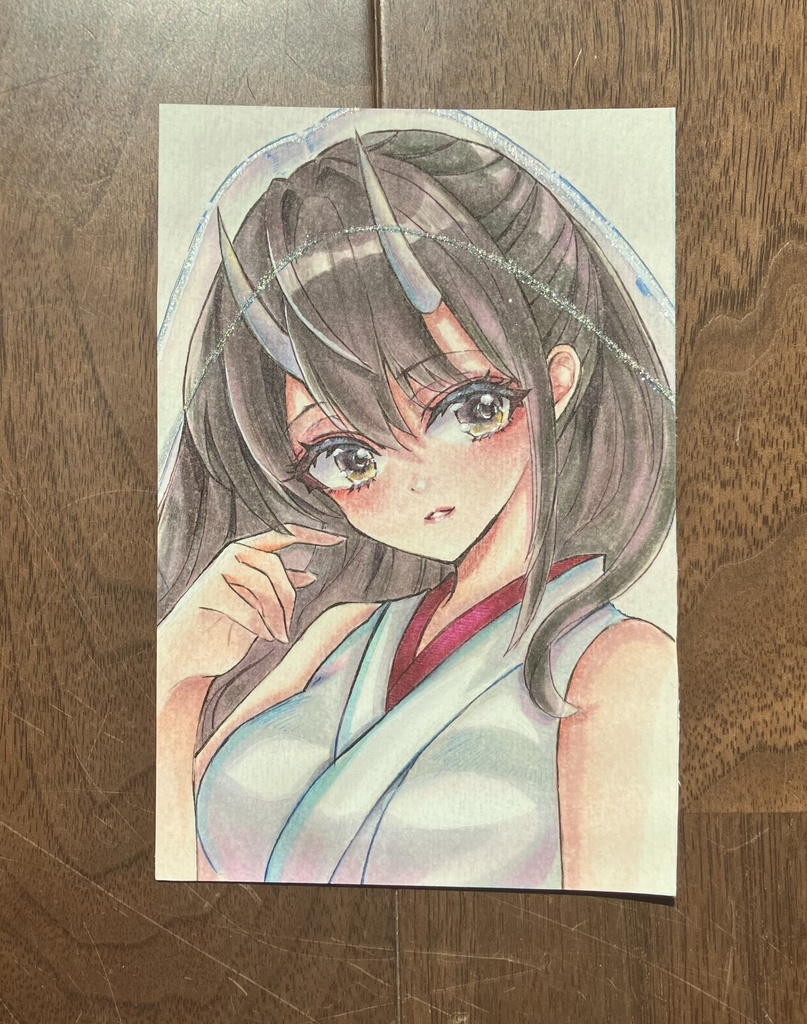 コピック原画 はがきサイズ原画販売 コピックイラスト 鬼の巫女さん