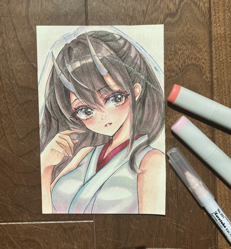 コピック原画 はがきサイズ原画販売 コピックイラスト 鬼の巫女さん