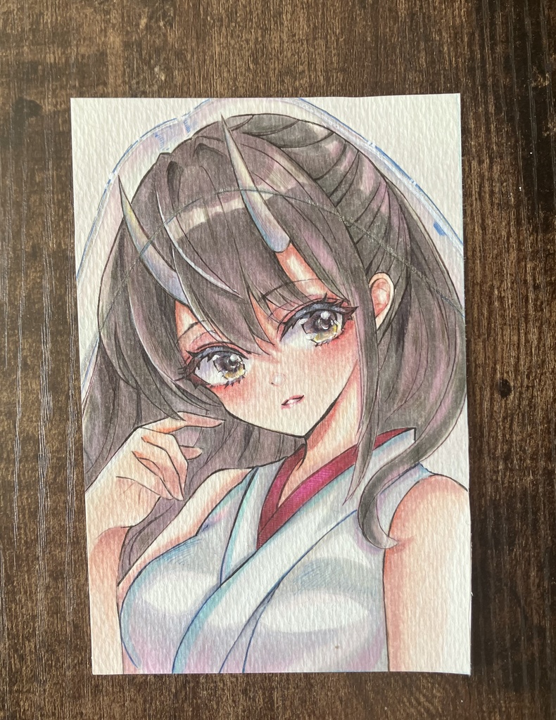 コピック原画 はがきサイズ原画販売 コピックイラスト 鬼の巫女さん