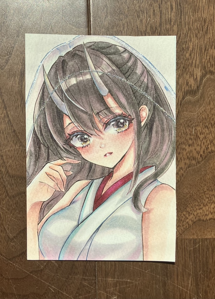 コピック原画 はがきサイズ原画販売 コピックイラスト 鬼の巫女さん
