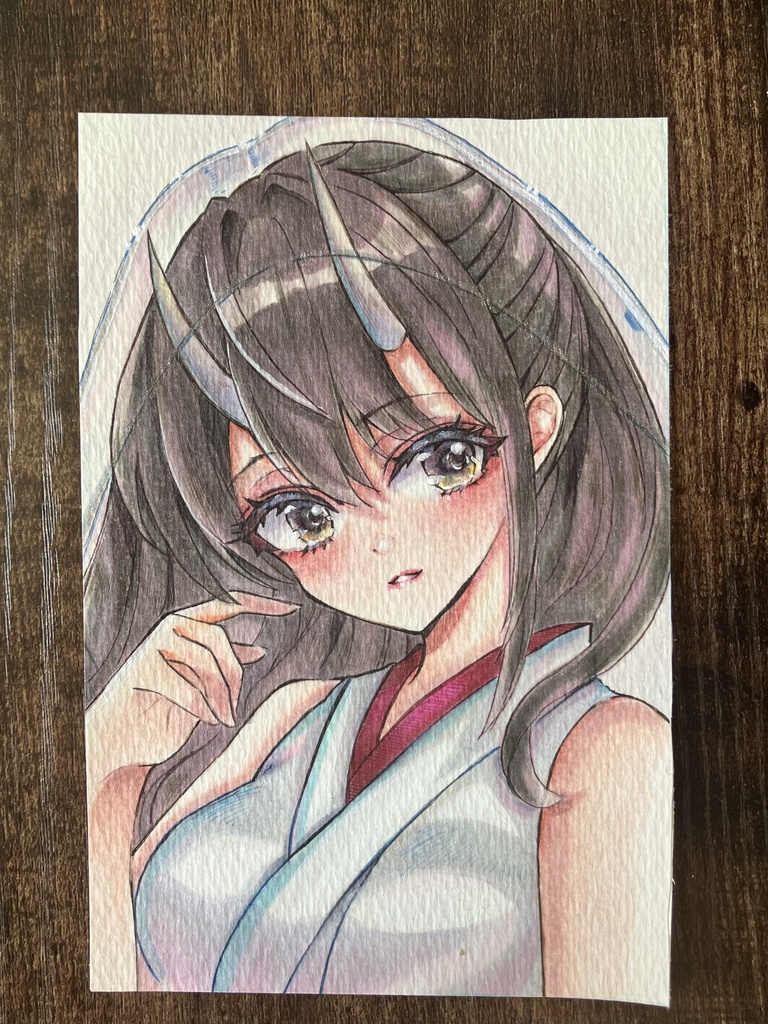 コピック原画 はがきサイズ原画販売 コピックイラスト 鬼の巫女さん