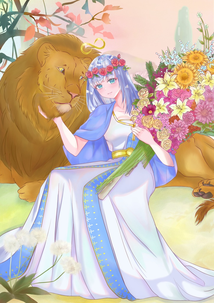 透明水彩原画 イラスト原画 原画販売 額装原画 花と女神様とライオンくん