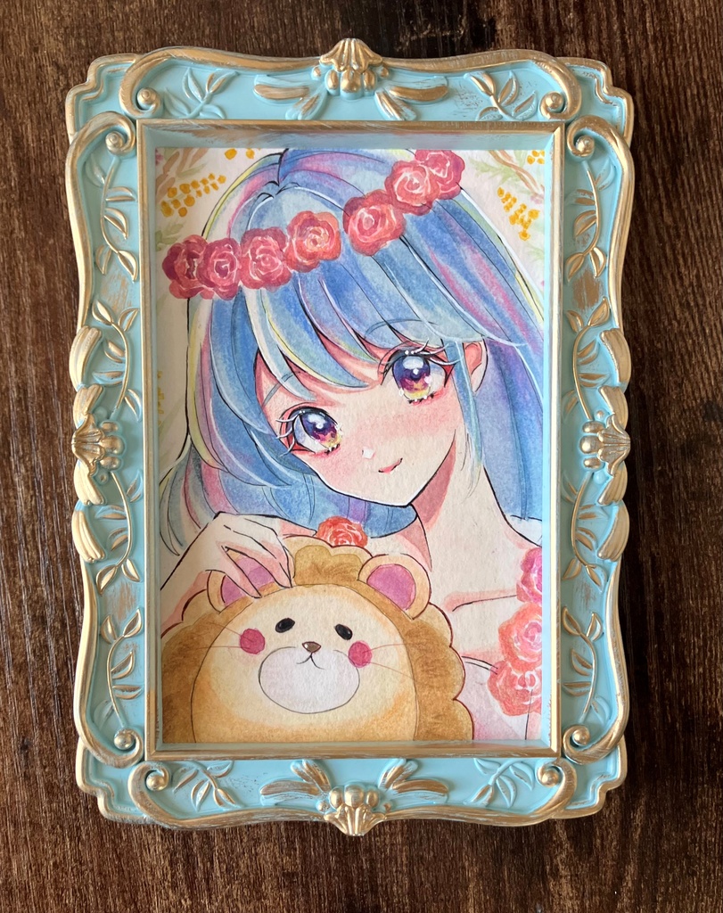 透明水彩原画 イラスト原画 原画販売 額装原画 花と女神様とライオンくん
