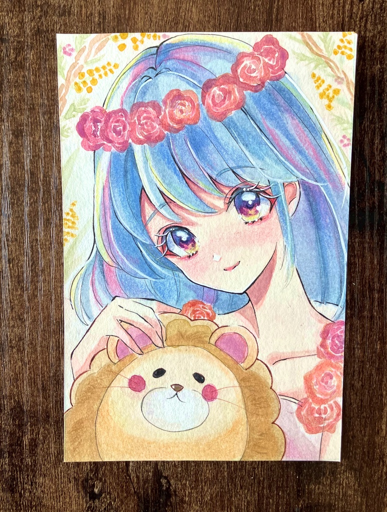 透明水彩原画 イラスト原画 原画販売 額装原画 花と女神様とライオンくん