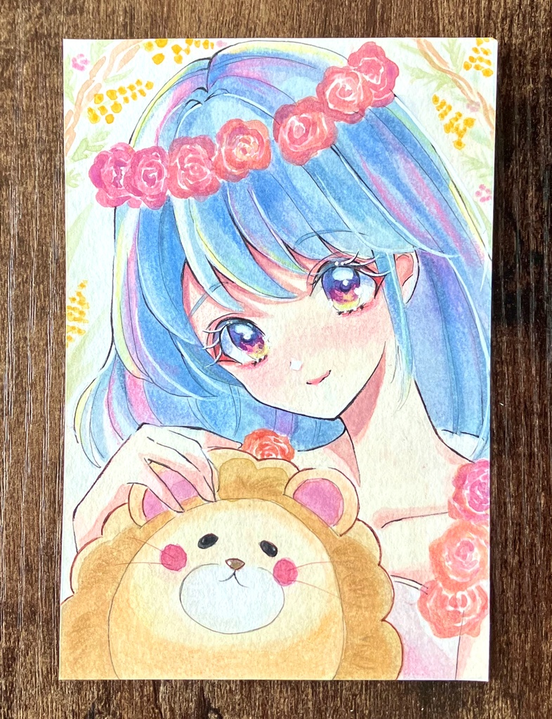 透明水彩原画 イラスト原画 原画販売 額装原画 花と女神様とライオンくん
