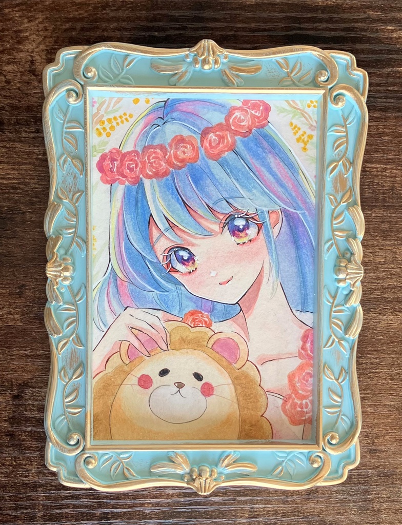 透明水彩原画 イラスト原画 原画販売 額装原画 花と女神様とライオンくん
