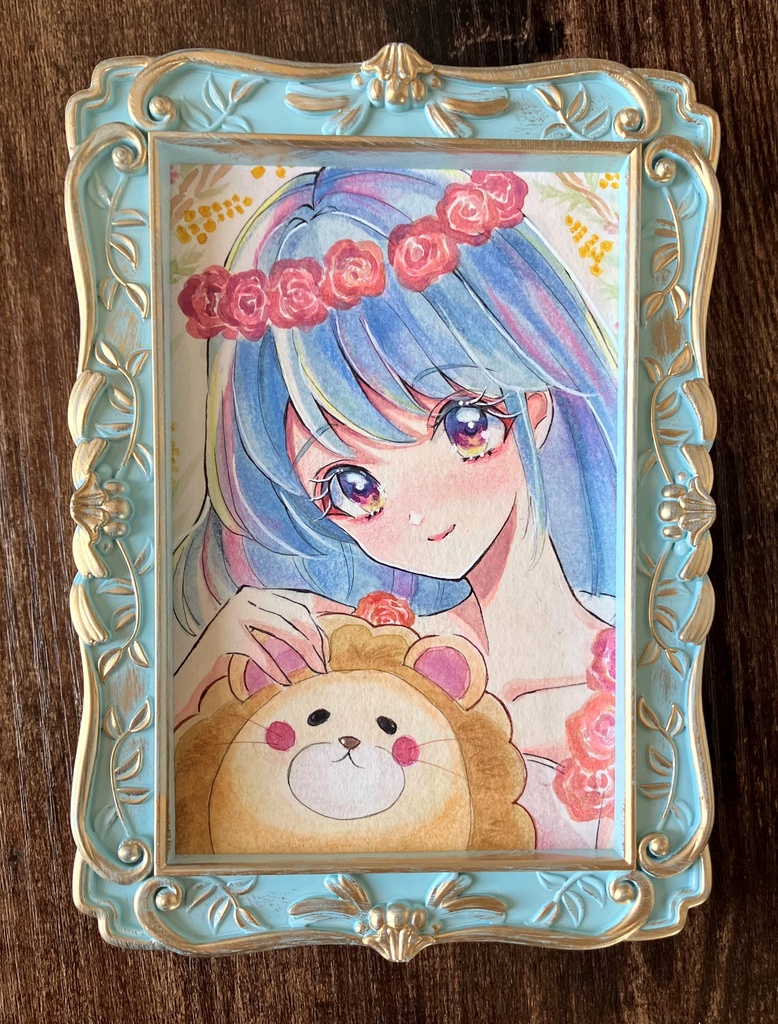 透明水彩原画 イラスト原画 原画販売 額装原画 花と女神様とライオンくん