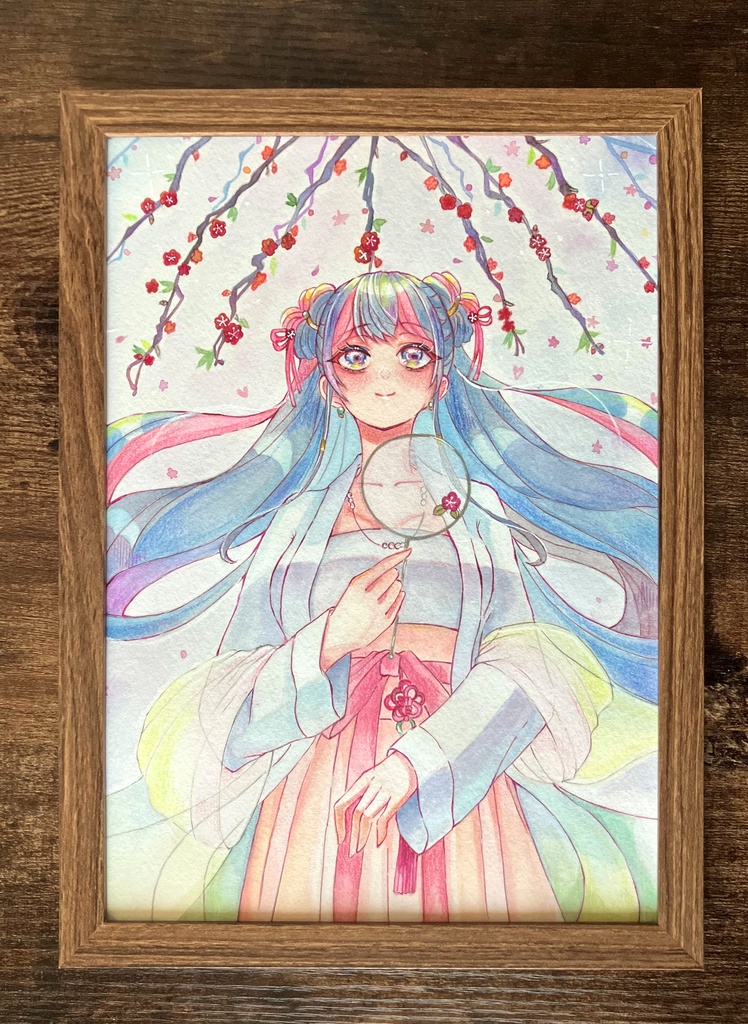 アクリル絵の具イラスト 原画額装 手描きイラスト 梅の女の子 原画