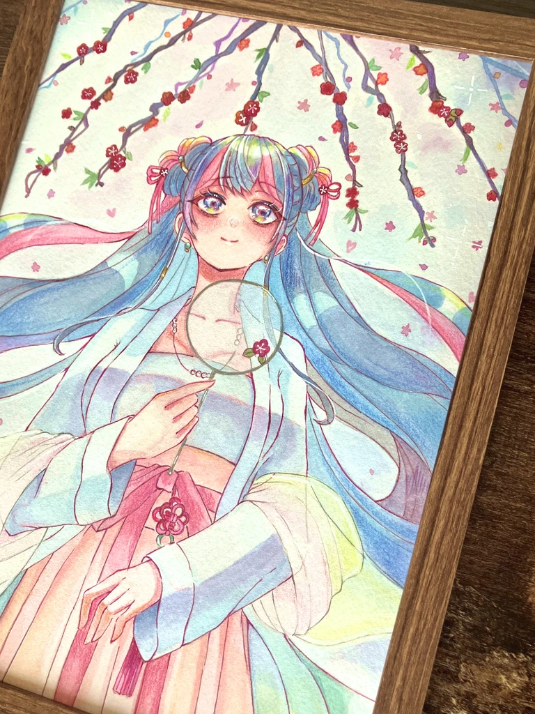 アクリル絵の具イラスト 原画額装 手描きイラスト 梅の女の子 原画