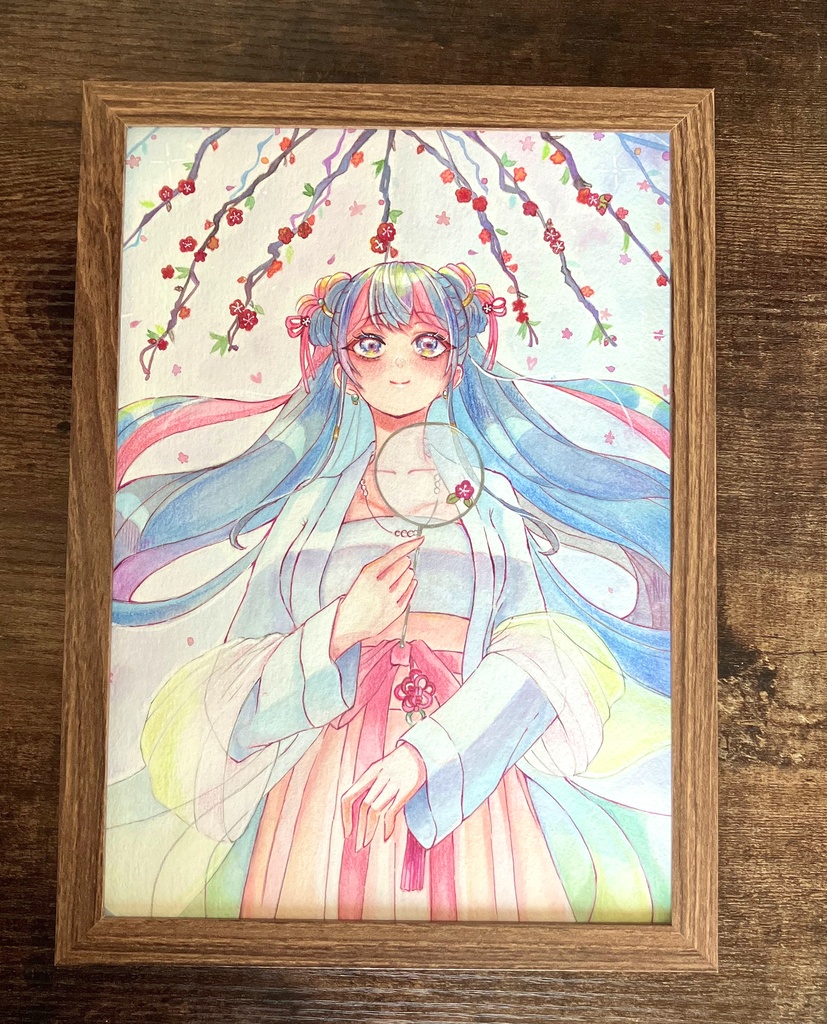 アクリル絵の具イラスト 原画額装 手描きイラスト 梅の女の子 原画