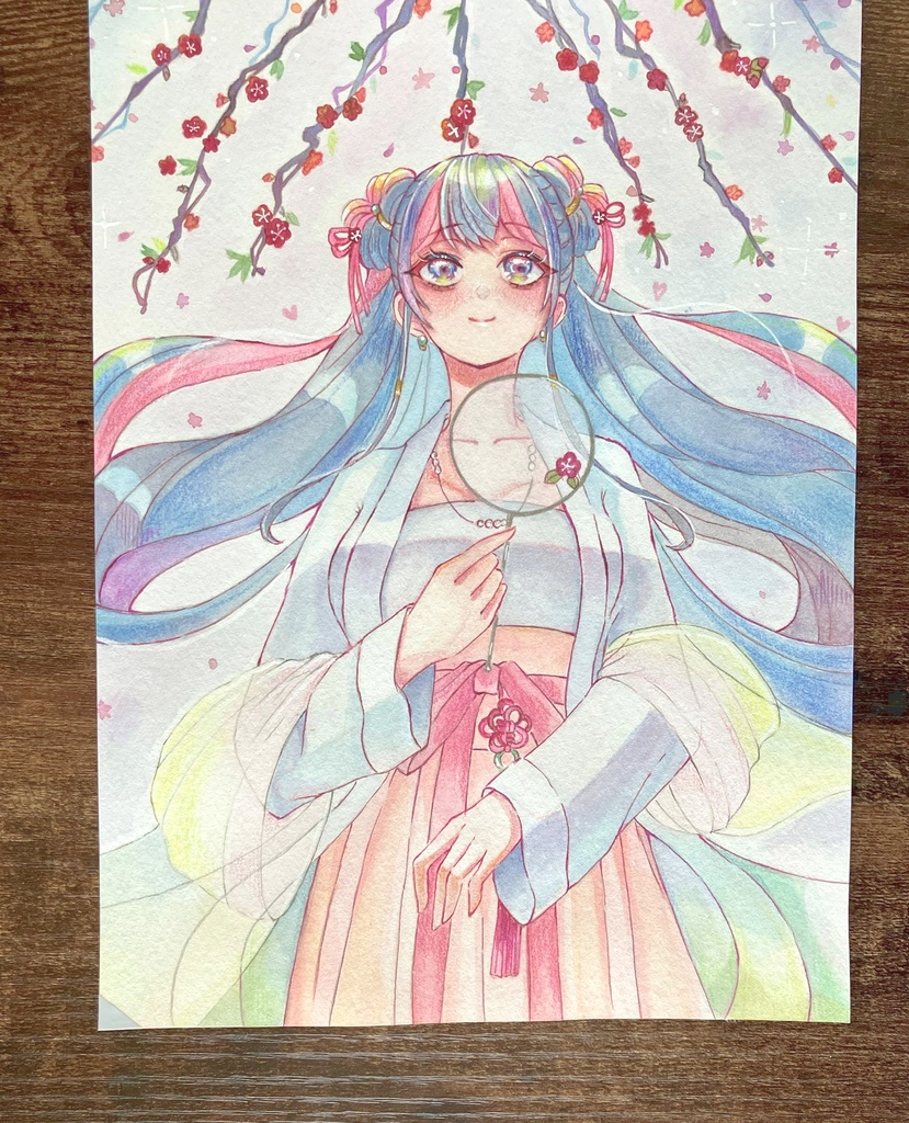 アクリル絵の具イラスト 原画額装 手描きイラスト 梅の女の子 原画