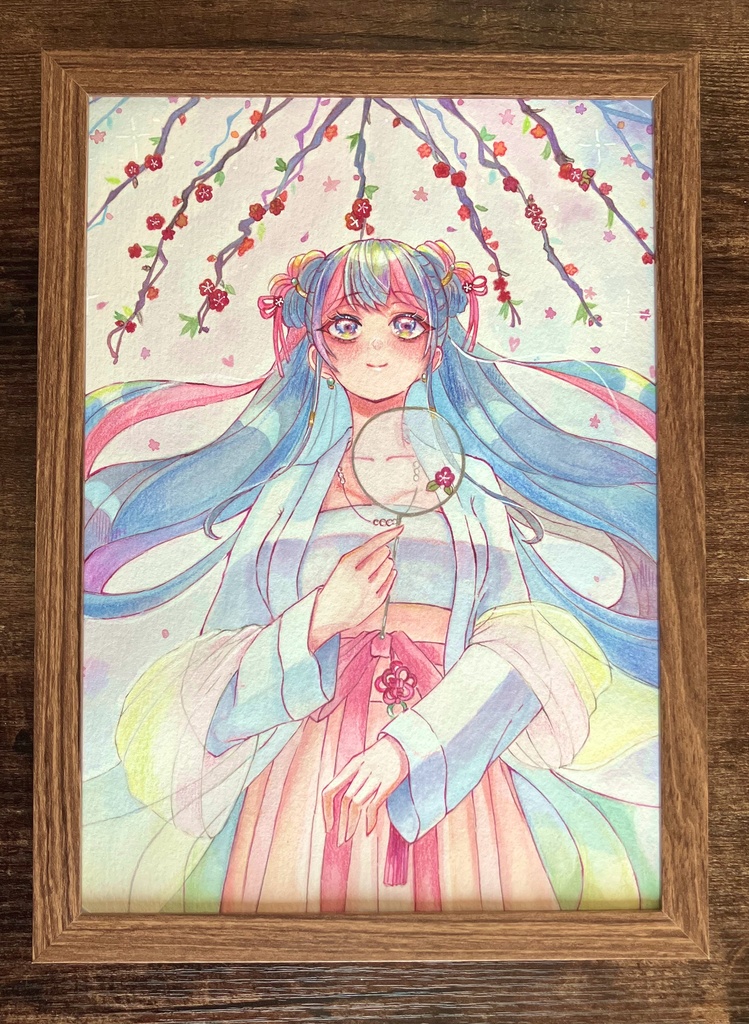 アクリル絵の具イラスト 原画額装 手描きイラスト 梅の女の子 原画