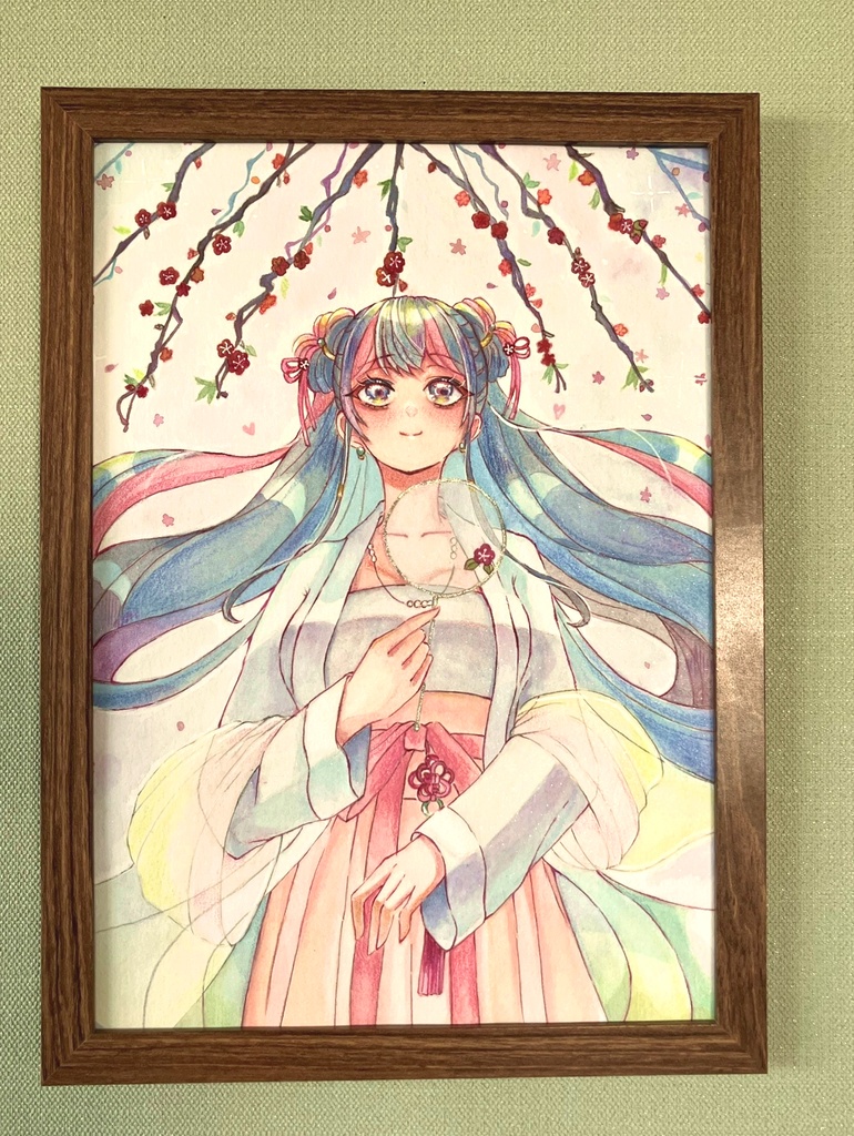 アクリル絵の具イラスト 原画額装 手描きイラスト 梅の女の子 原画