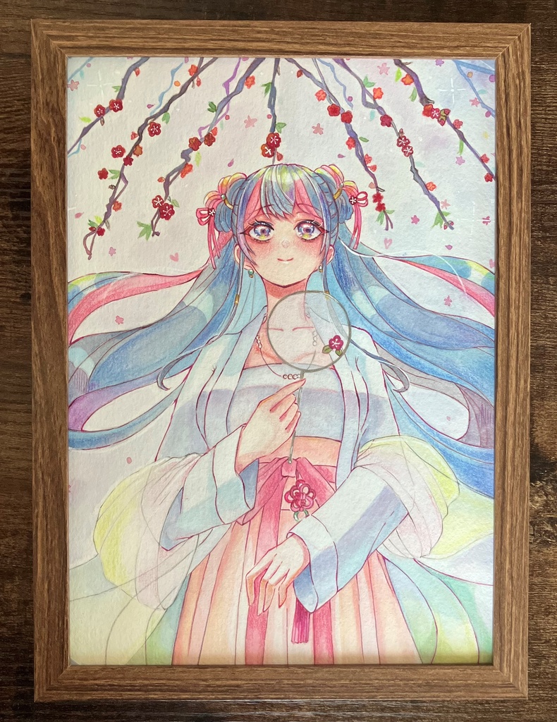 アクリル絵の具イラスト 原画額装 手描きイラスト 梅の女の子 原画