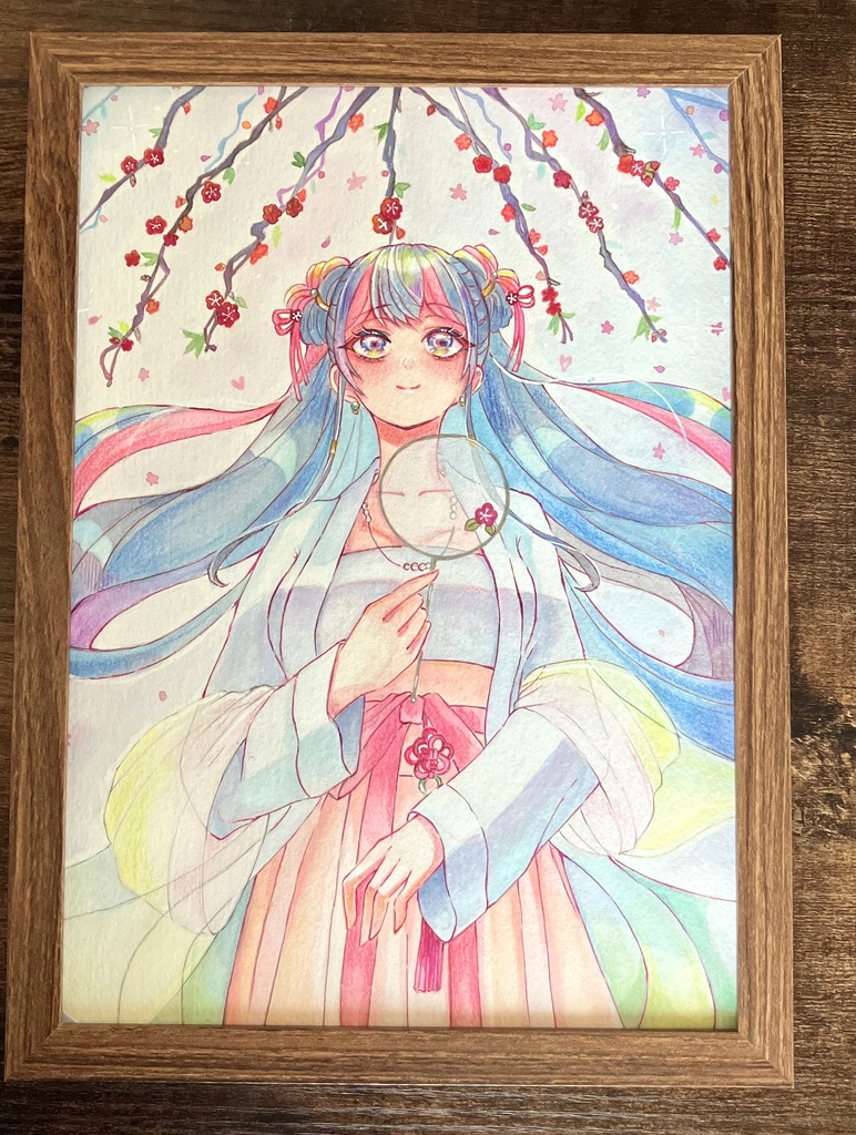 アクリル絵の具イラスト 原画額装 手描きイラスト 梅の女の子 原画