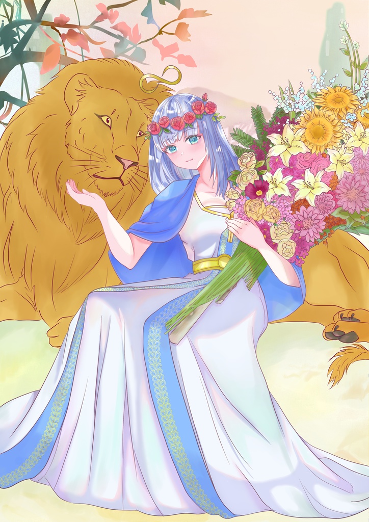 透明水彩原画 原画イラスト 手描きイラスト 力の女神さまとライオン君