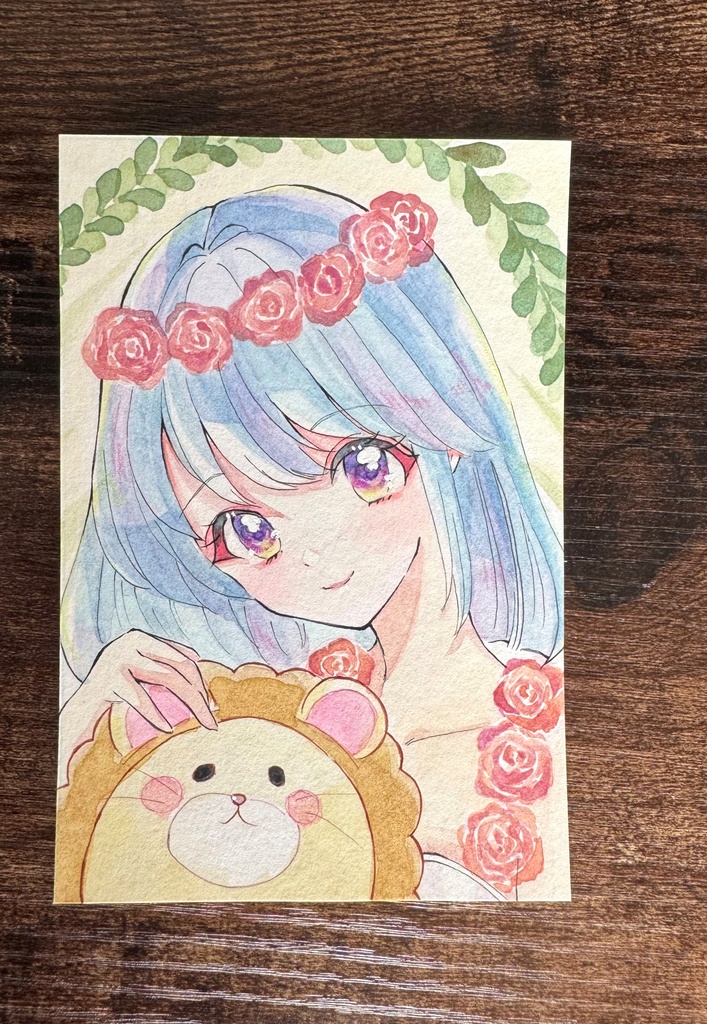 透明水彩原画 原画イラスト 手描きイラスト 力の女神さまとライオン君