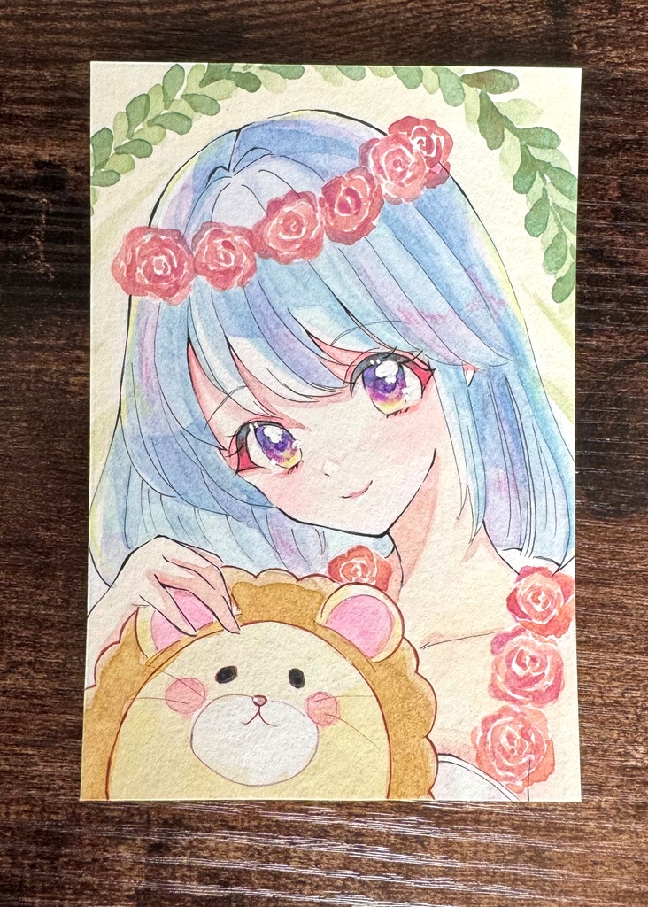 透明水彩原画 原画イラスト 手描きイラスト 力の女神さまとライオン君