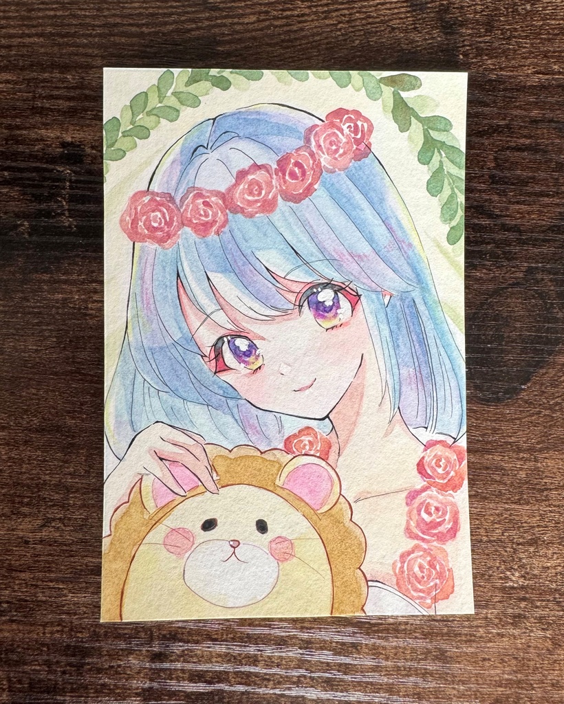透明水彩原画 原画イラスト 手描きイラスト 力の女神さまとライオン君