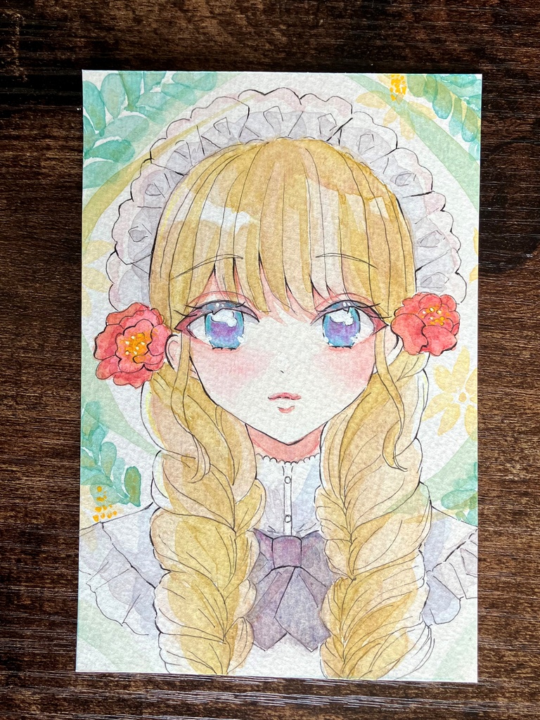 お花とメイドさん 透明水彩イラスト 透明水彩原画 手描き原画