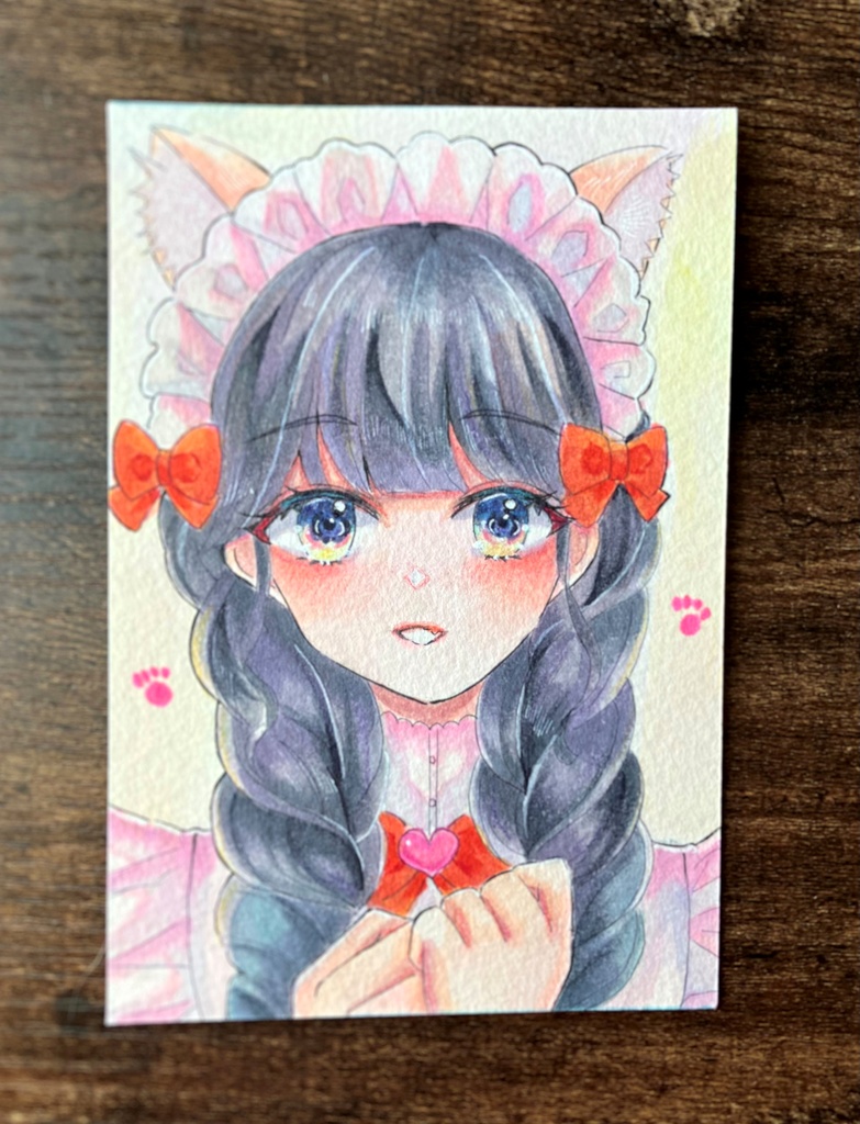 透明水彩 透明水彩イラスト 原画イラスト 猫耳 メイドさん
