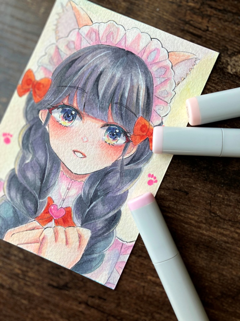 透明水彩 透明水彩イラスト 原画イラスト 猫耳 メイドさん